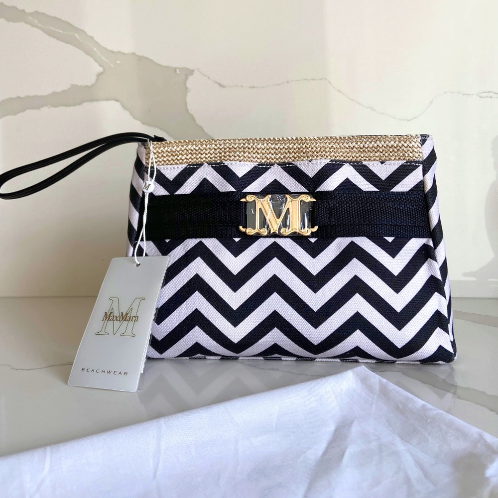 MAX MARA CANVAS BEACH WRISTLET RAFFIA TRAVEL COSMETIC CRUISE POCHETTE SUMMER